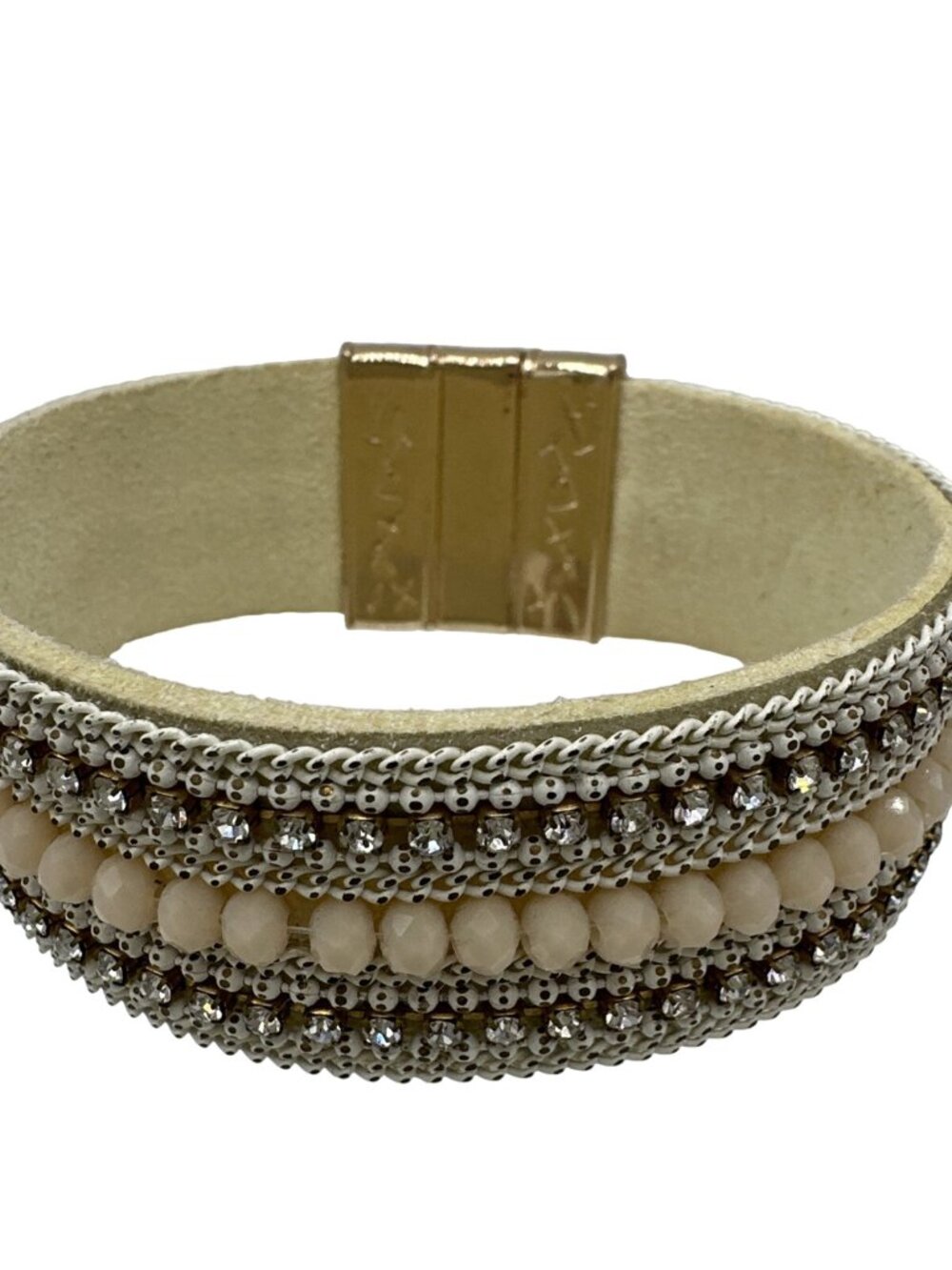 Rhinestone Cuff Bracelet Fabric Magnetic Closure Beaded Fashion Jewelry Cream